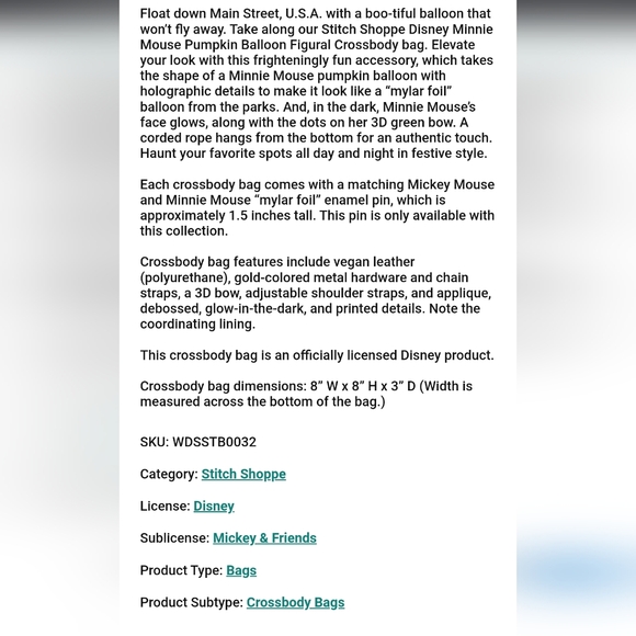 Stitch Shoppe Minnie Mouse Pumpkin Balloon Crossbody Bag-Free Disney Pin - Picture 3 of 3